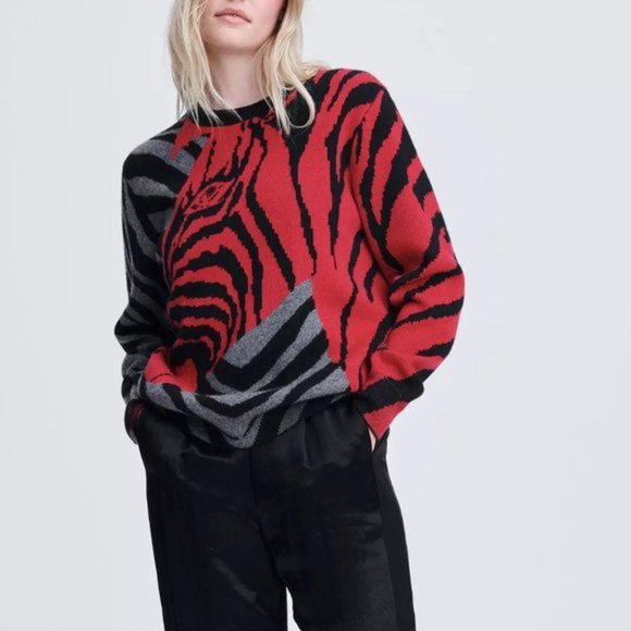 Rag & Bone Black and Pink Cashmere Zebra Crew Pullover